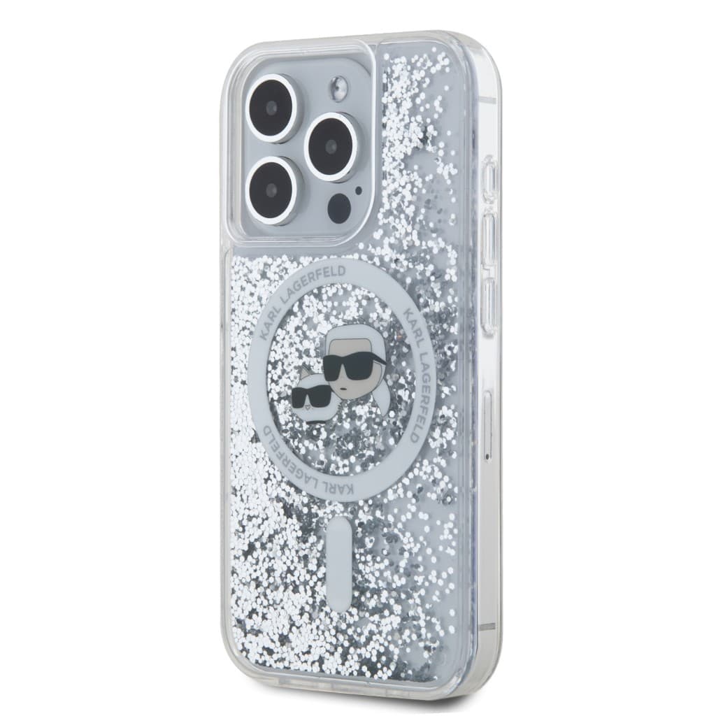 Karl Lagerfeld Liquid Glitter Karl and Choupette Heads MagSafe Zadní Kryt pro iPhone 15 Pro Transparent - náhled 3
