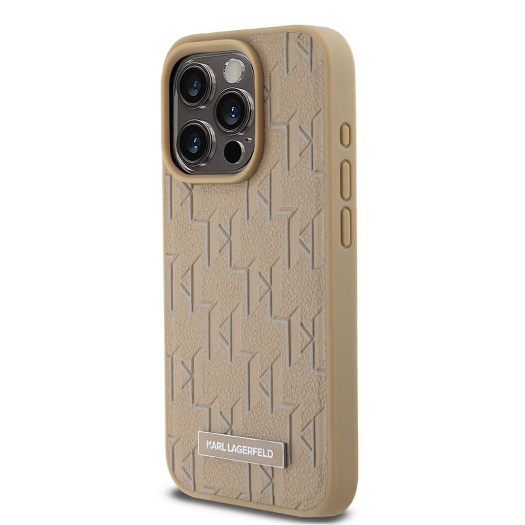Karl Lagerfeld PU Leather Monogram Metal Logo MagSafe Zadní Kryt pro iPhone 15 Pro Max Beige - náhled 3