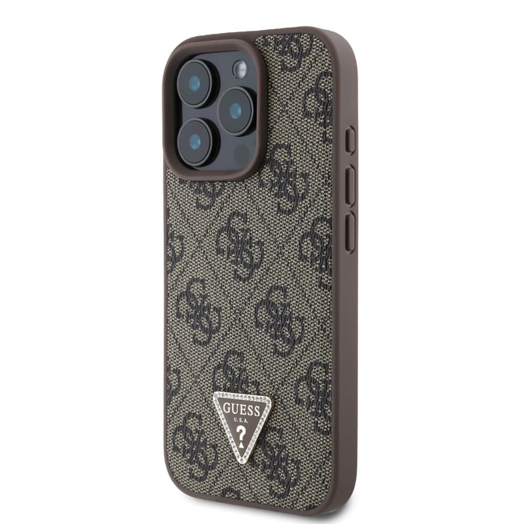 Originální zadní kryt Guess PU 4G Strass Triangle Metal Logo pro iPhone 16 Pro Max Brown - náhled 3