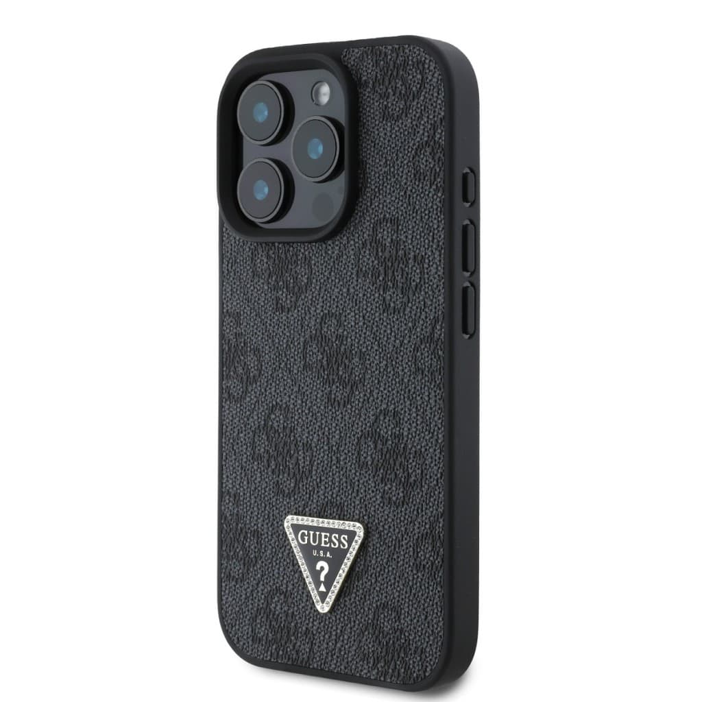 Originální zadní kryt Guess PU 4G Strass Triangle Metal Logo pro iPhone 16 Pro Black - náhled 3