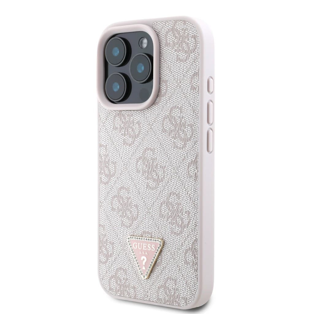 Originální zadní kryt Guess PU 4G Strass Triangle Metal Logo pro iPhone 16 Pro Pink - náhled 3