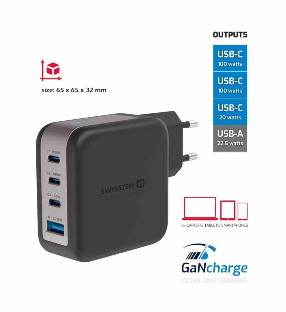 Adaptér Swissten Gan 3x USB-C 100W PD + 1x USB-A 18W QC černý - náhled 3