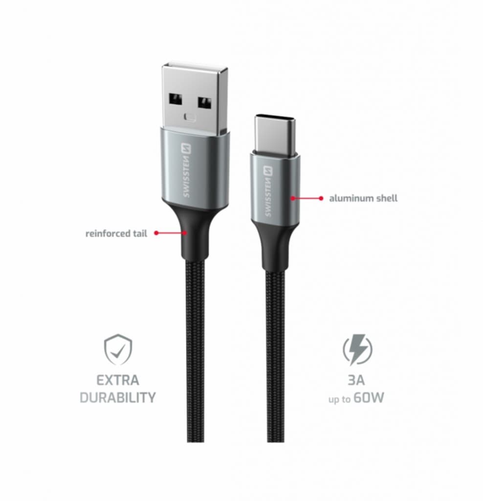 Datový kabel Swissten Textile II USB-A - USB-C 1,5 m černý - náhled 3