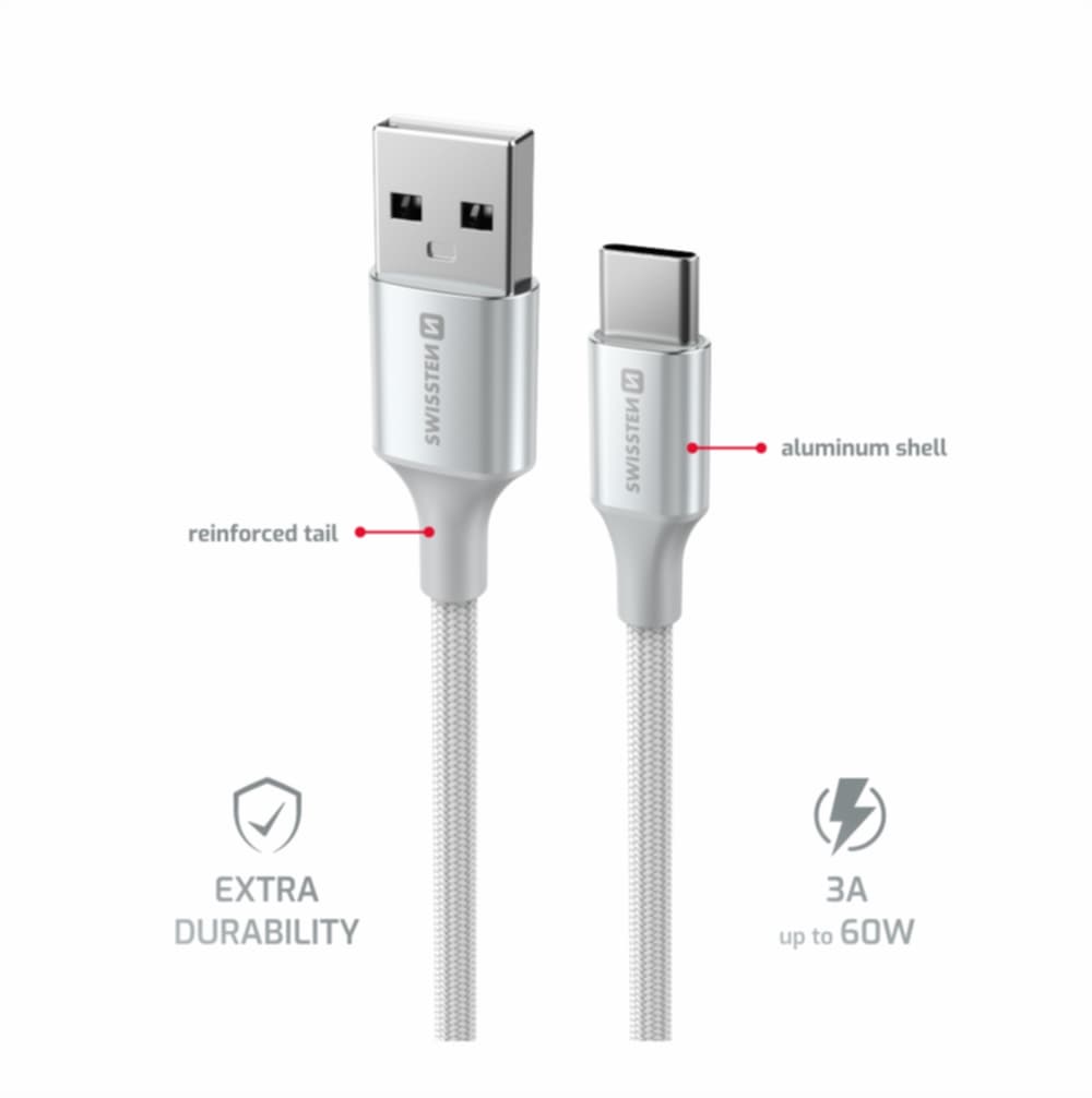 Datový kabel Swissten Textile II USB-A - USB-C 1,5 m bílý - náhled 3