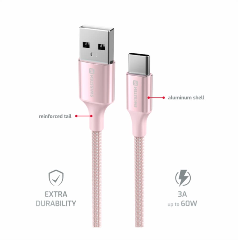 Datový kabel Swissten Textile II USB-A - USB-C 1,5 m růžový - náhled 3