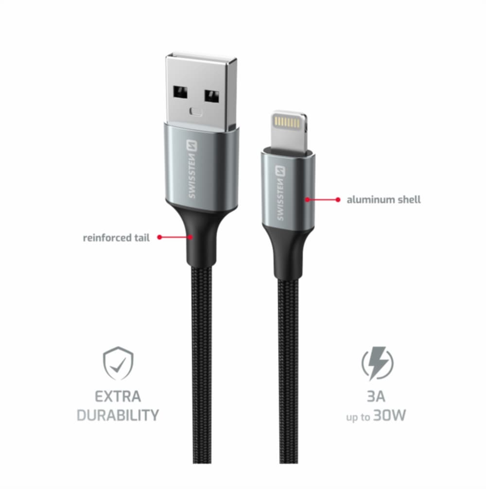 Datový kabel Swissten Textile II USB-A - Lightning 1,5 m černý - náhled 3