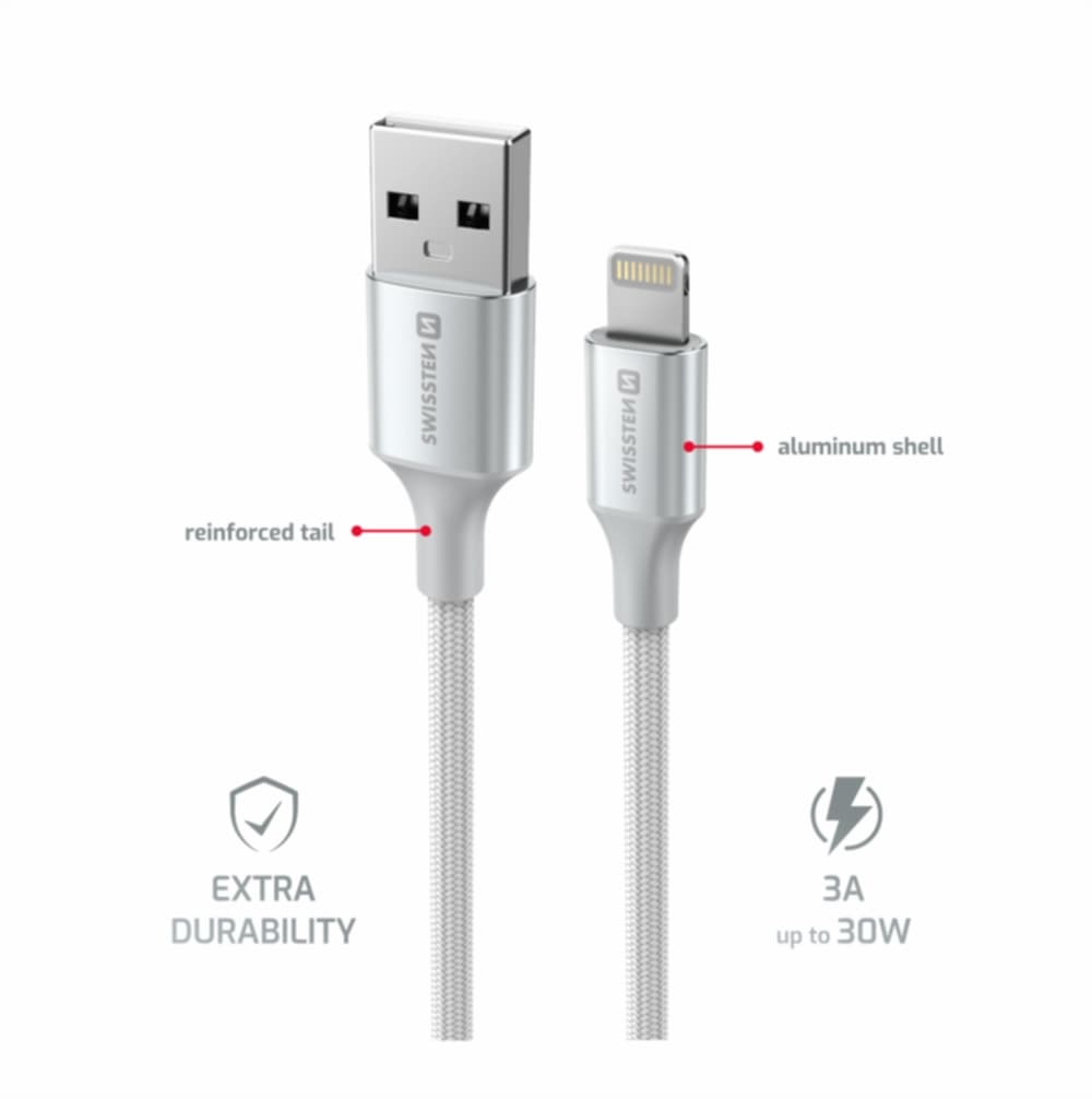 Datový kabel Swissten Textile II USB-A - Lightning 1,5 m bílý - náhled 3