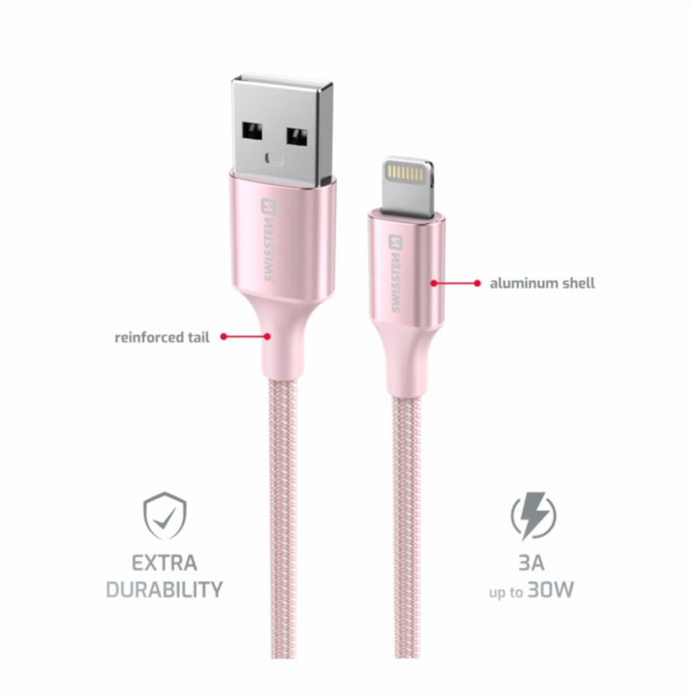 Datový kabel Swissten Textile II USB-A - lightning 1,5 m růžový - náhled 3