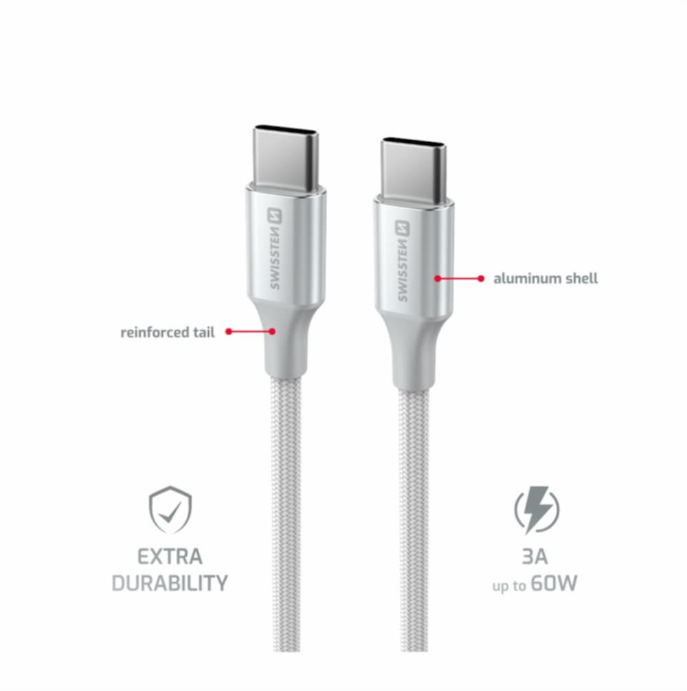 Datový kabel Swissten Textile II USB-C - USB-C 1,5 m bílý - náhled 3