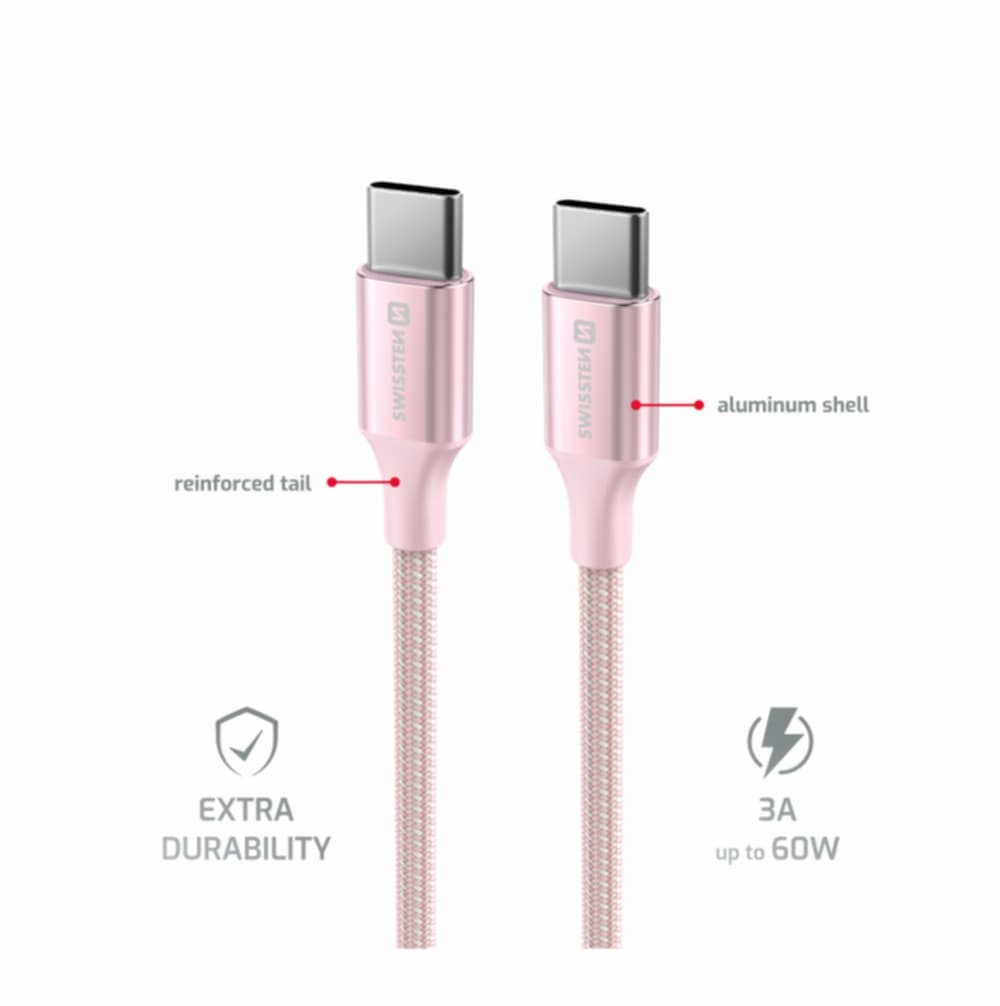 Datový kabel Swissten Textile II USB-C - USB-C 1,5 m růžový - náhled 3