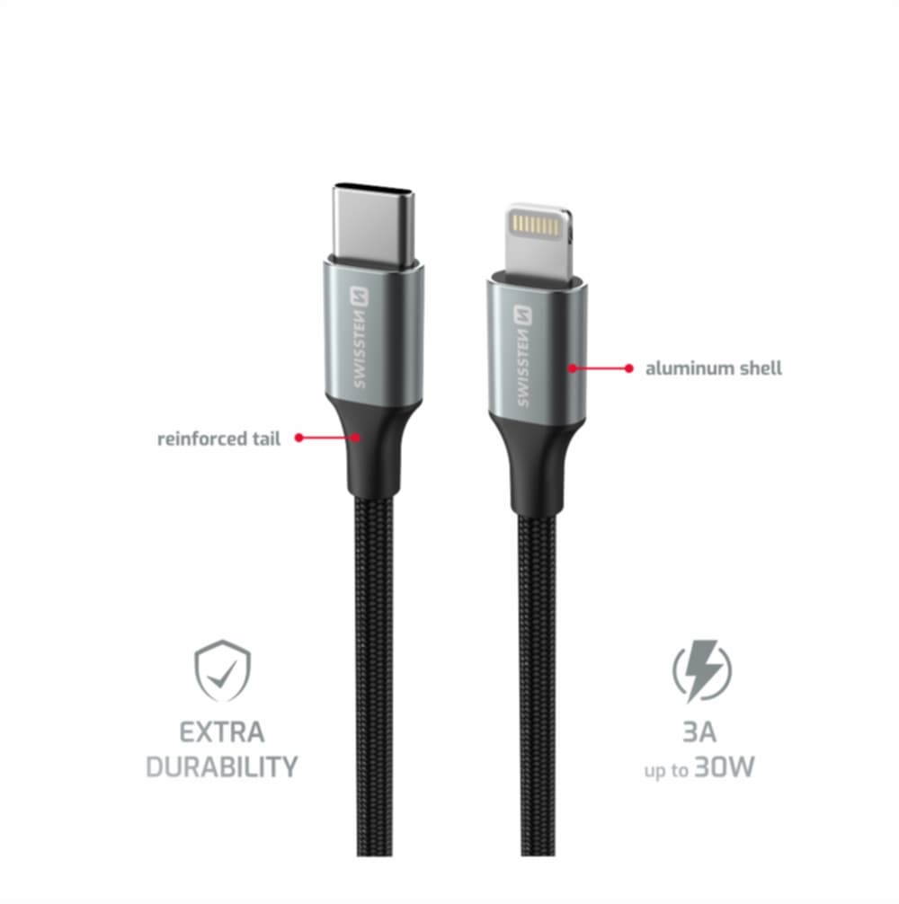 Datový kabel Swissten Textile II USB-C - Lightning 1,5 m černý - náhled 3