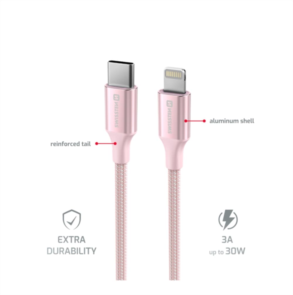 Datový kabel Swissten Textile II USB-C - Lightning 1,5 m růžový - náhled 3