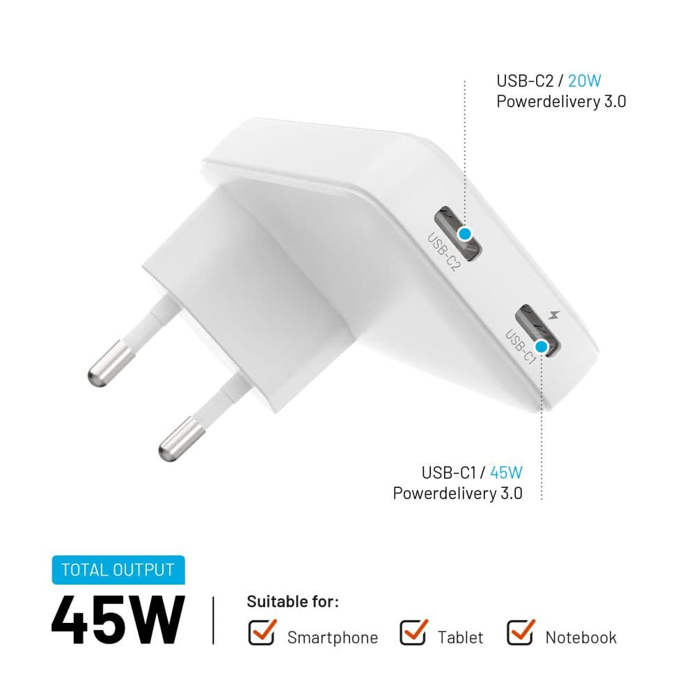 Adaptér GaN FIXED Slim s 2x USB-C výstupem a podporou PD, 45W, bílý - náhled 3
