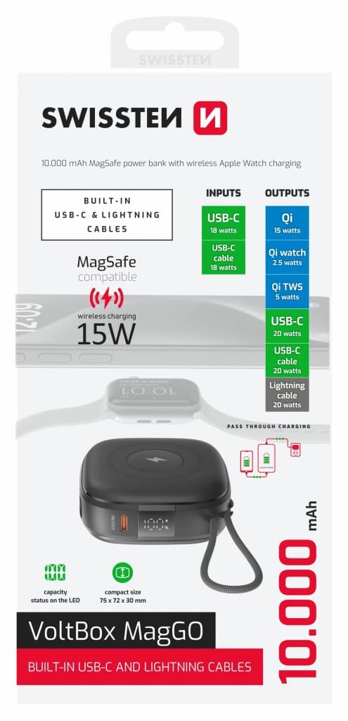 Powerbank Swissten Voltbox Maggo 10000 mAh s integrovanými kabely + MagSafe + Apple Watch - náhled 3