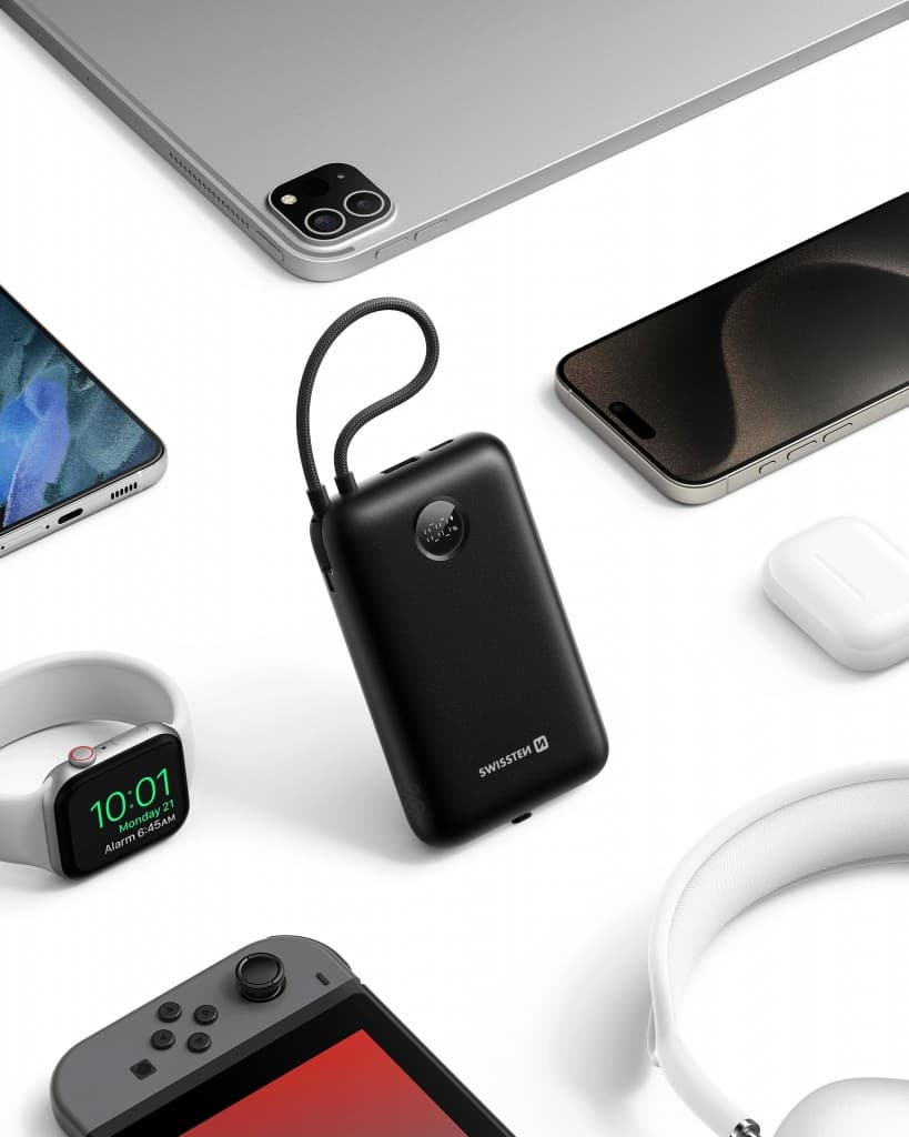 Powerbank Swissten Voltbox 30000 mAh s integrovanými kabely USB-C a Lightning 35W černá - náhled 3