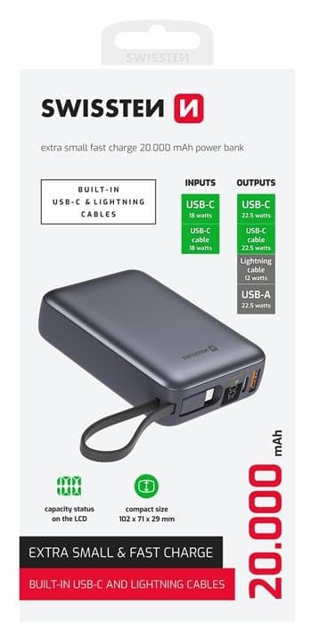 Powerbank Swissten 20000 mAh s integrovanými kabely USB-C a Lightning vesmírně stříbrná - náhled 3