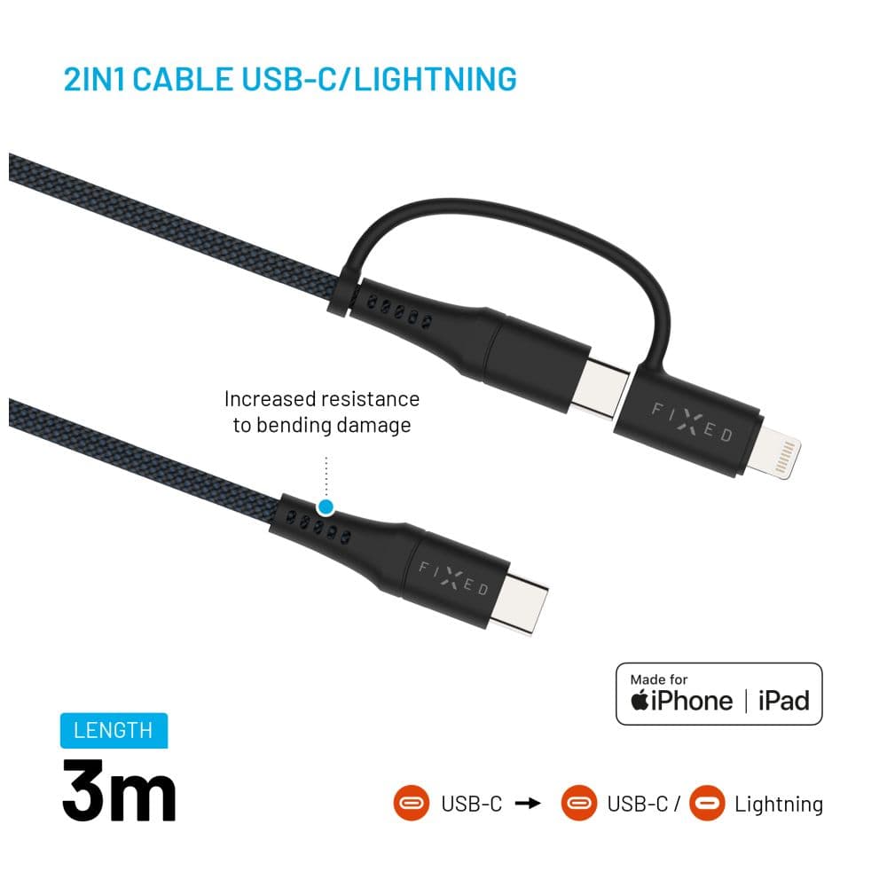 Dlouhý nabíjecí a datový opletený kabel FIXED s konektory USB-C-USB-C a Lightning adaptérem, PD, 3m, MFi, PD 60W, šedý - náhled 3