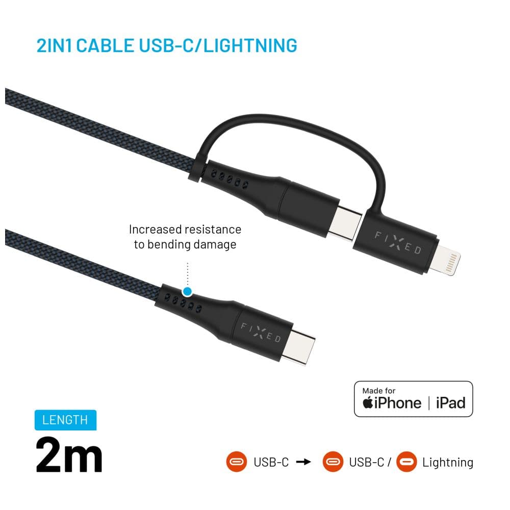 Dlouhý nabíjecí a datový opletený kabel FIXED s konektory USB-C-USB-C a Lightning adaptérem, PD, 2m, MFi, PD 60W, šedý - náhled 3