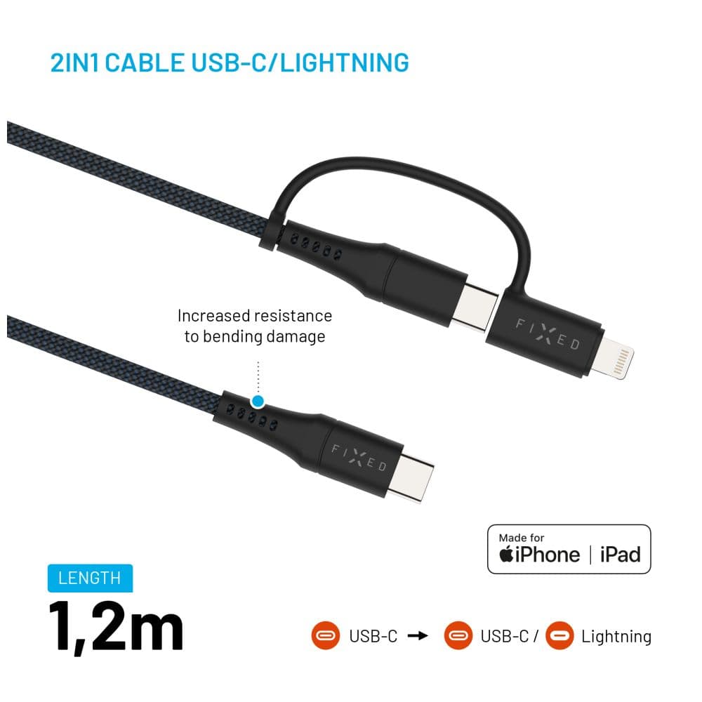 Nabíjecí a datový opletený kabel FIXED s konektory USB-C-USB-C a Lightning adaptérem, PD, 1.2m, MFi, PD 60W, šedý - náhled 3