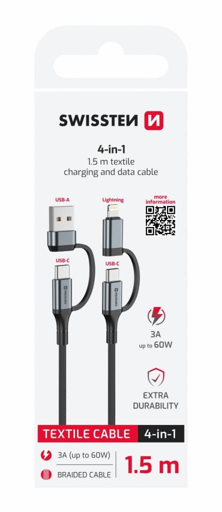 Datový kabel Swissten 4v1 3A 1,5 m černý - náhled 3