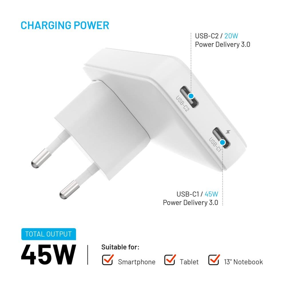 Síťový GaN adaptér FIXED Slim Traveller s 2x USB-C výstupem s vyměnitelnými adaptéry, 45W, bílý - náhled 3