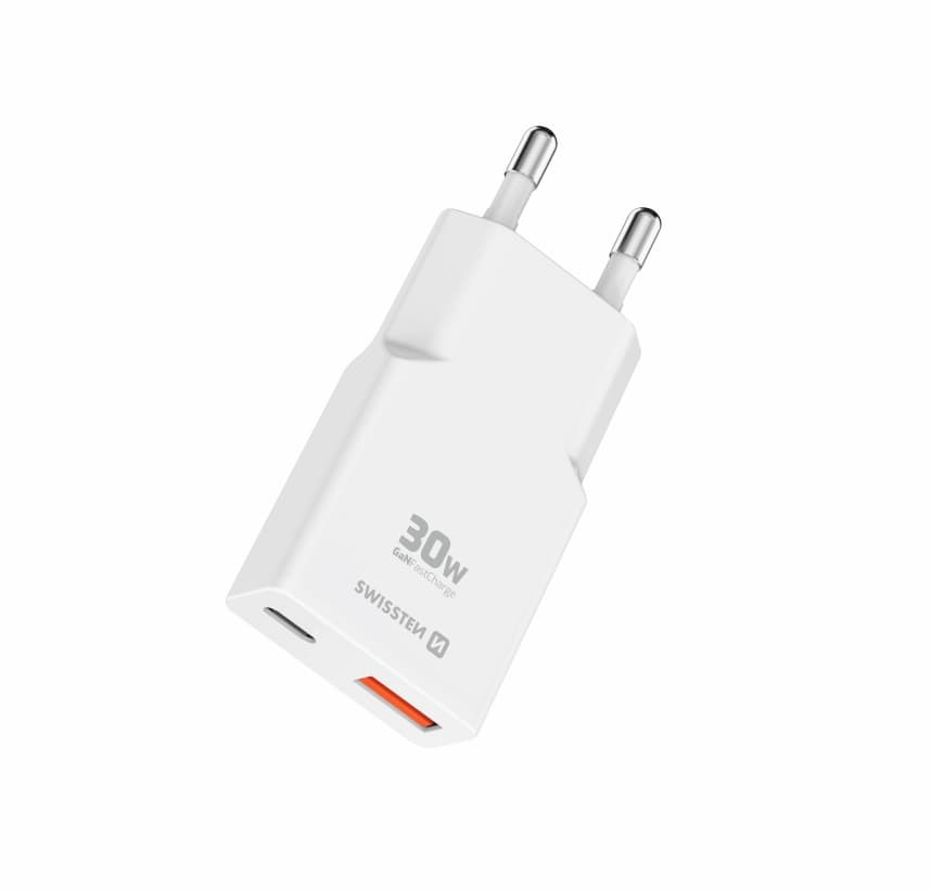Adaptér Swissten GAN USB-C + USB-A 30W tenký bílý - náhled 3