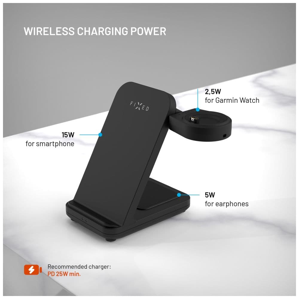 Stojánek FIXED Powerstation pro Garmin s bezdrátovým nabíjením až pro 3 zařízení, 15W+5W+2.5W, černý - náhled 3