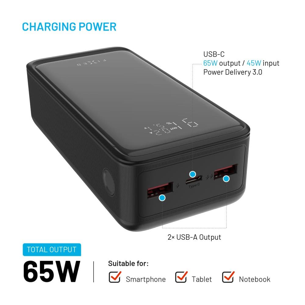 Powerbanka FIXED Zen2 30 Plus s LCD displejem a výstupem PD 65W, 30 000 mAh, černá - náhled 3