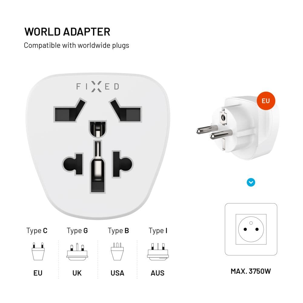 Adaptér FIXED EU Adapter 2 pro zapojení UK, US, AUS nabíječek do EU zásuvek, bílý - náhled 3