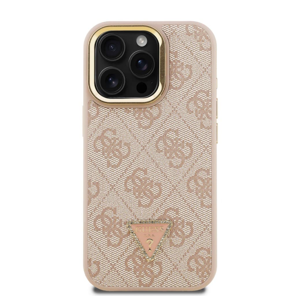 Zadní kryt Guess PU 4G Strass Triangle Logo Stand Camera Frame MagSafe pro iPhone 15 Pro Max Pink - náhled 3