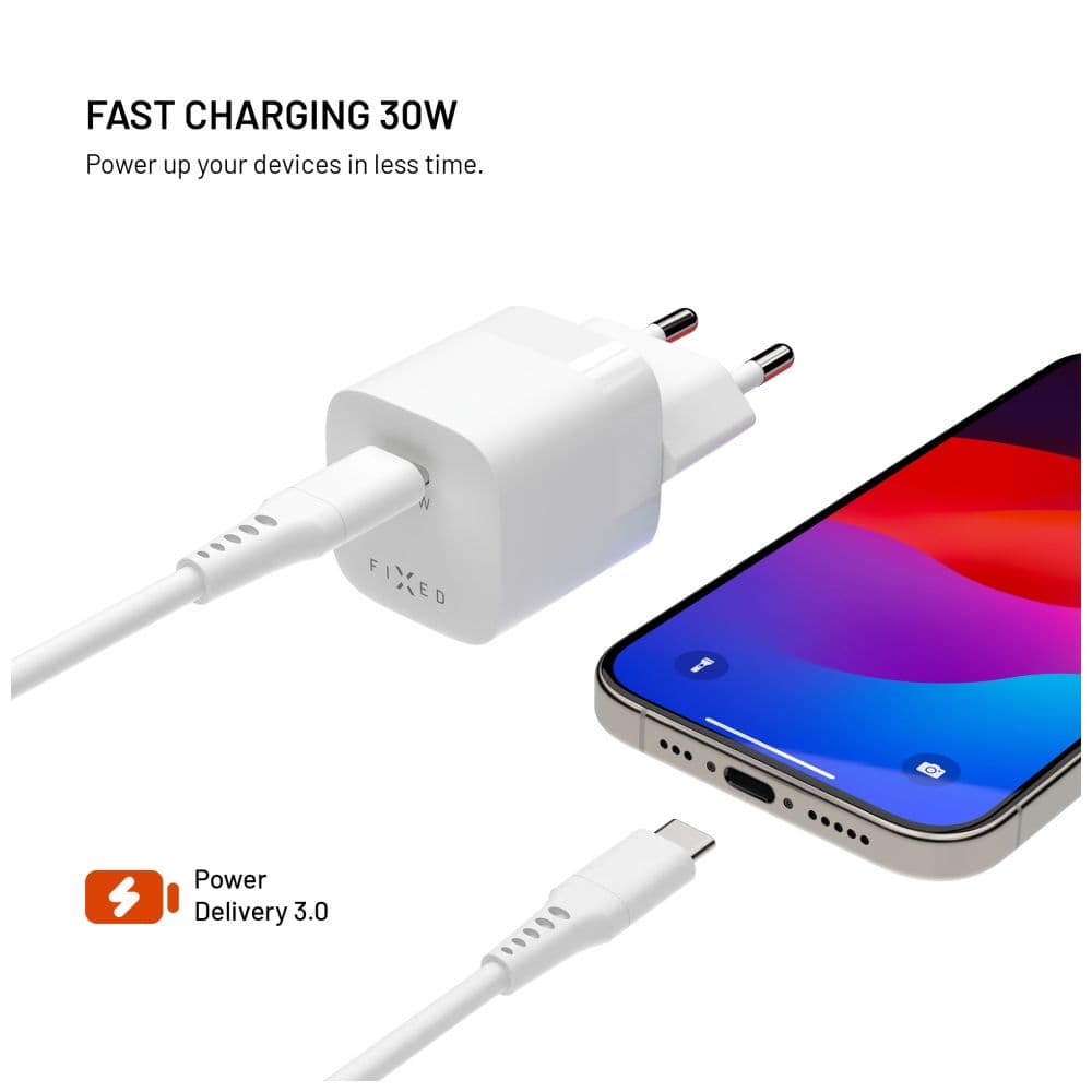 Set síťové GaN nabíječky FIXED Mini s USB-C výstupem a USB-C/USB-C kabelu, podpora PD, 1,2 metr, 30W, bílý - náhled 3