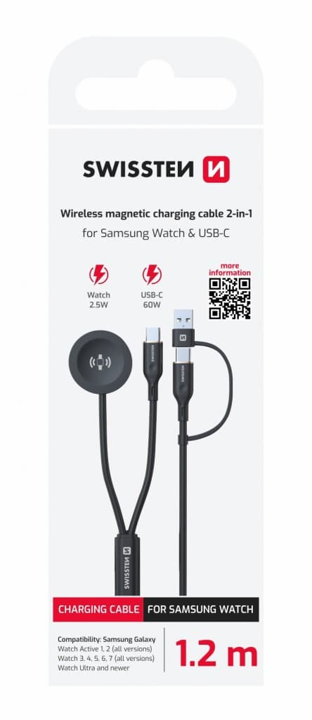 Magnetický kabel Swissten 2v1 pro Samsung Galaxy Watch a usb-c, usb-c (usb-a) 1.2 m černý - náhled 3