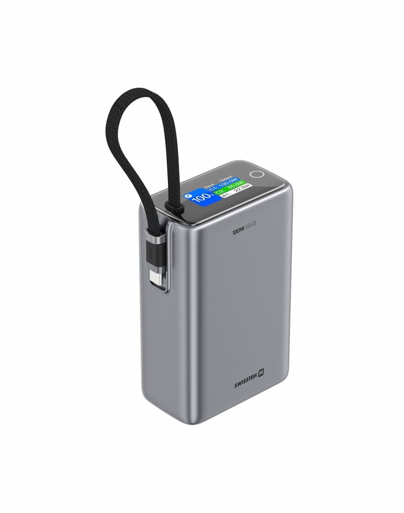 Powerbank Swissten cestovní 25000 mAh (96.25wh) 100W s integrovaným kabelem USB-C šedá - náhled 3