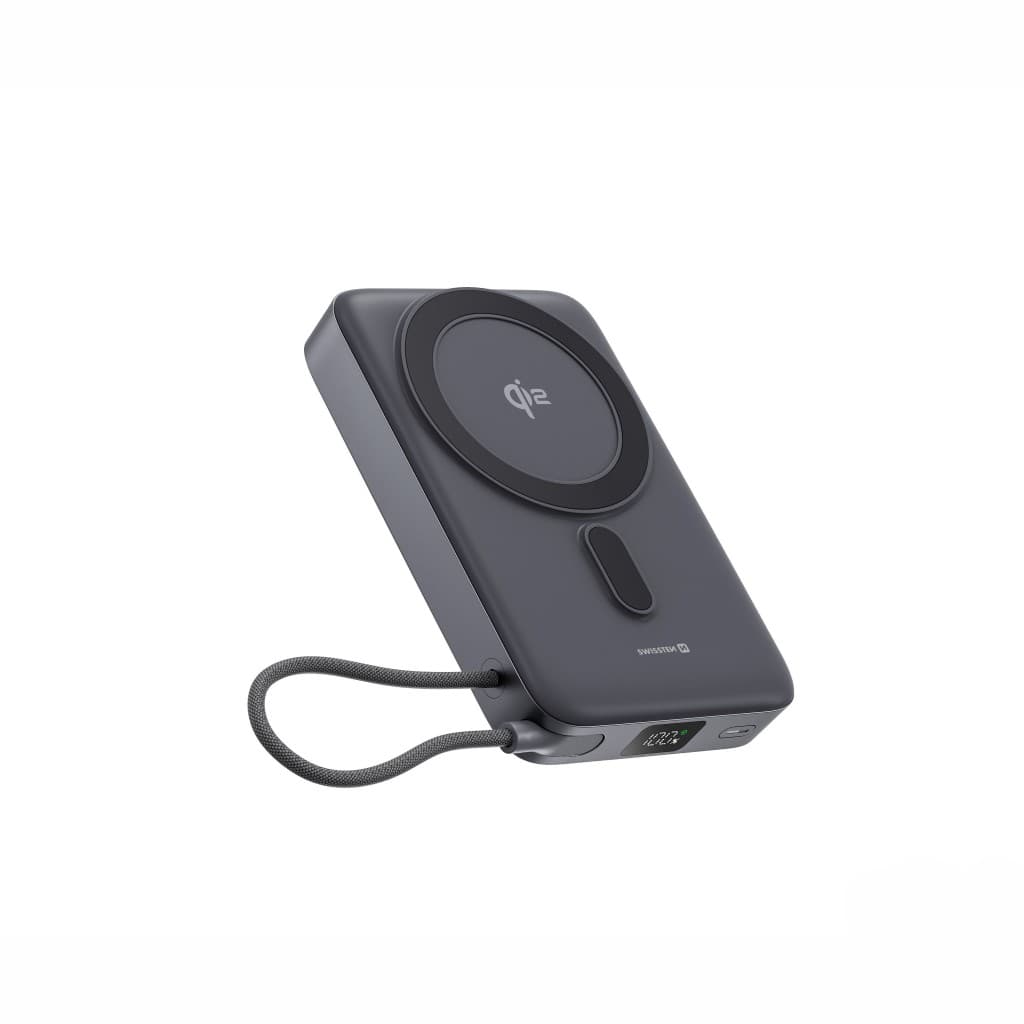 Powerbank Swissten Magsafe QI2 15W, 10000 mAh s integrovaným kabelem USB-C černá - náhled 3