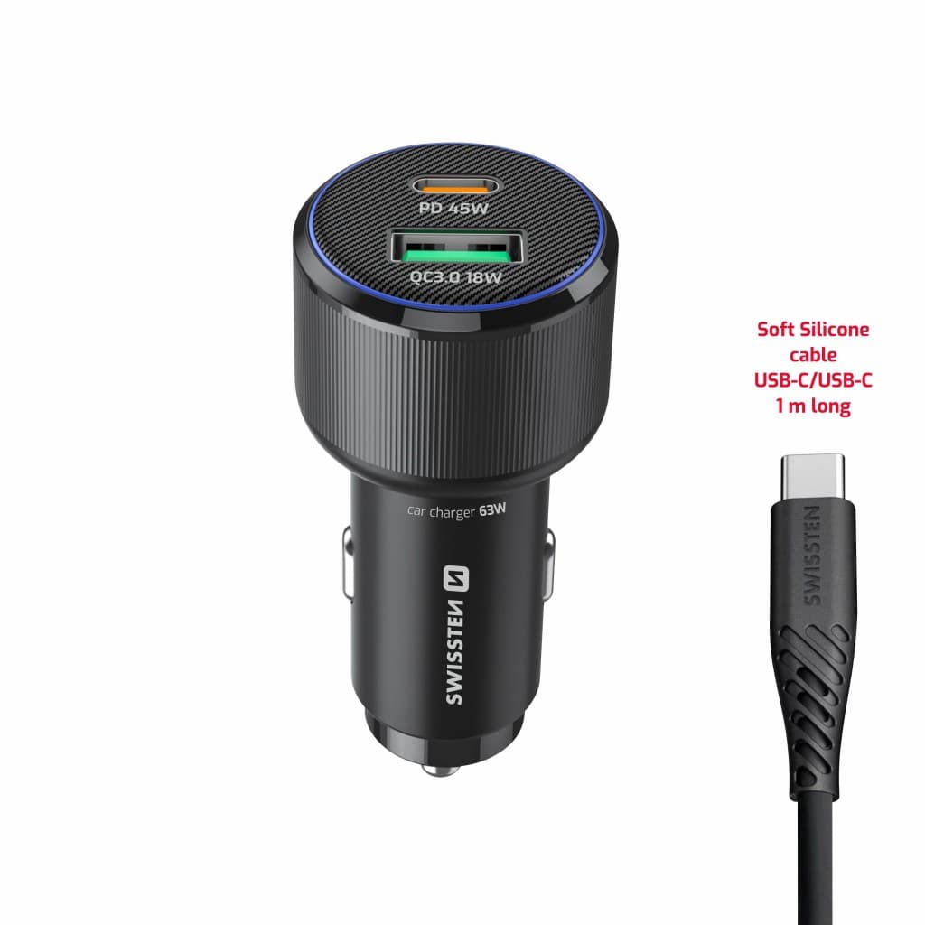 Rychlonabíječka do auta Swissten USB-A, USB-C PD 63W  + datový kabel USB-C 1 m černá - náhled 3