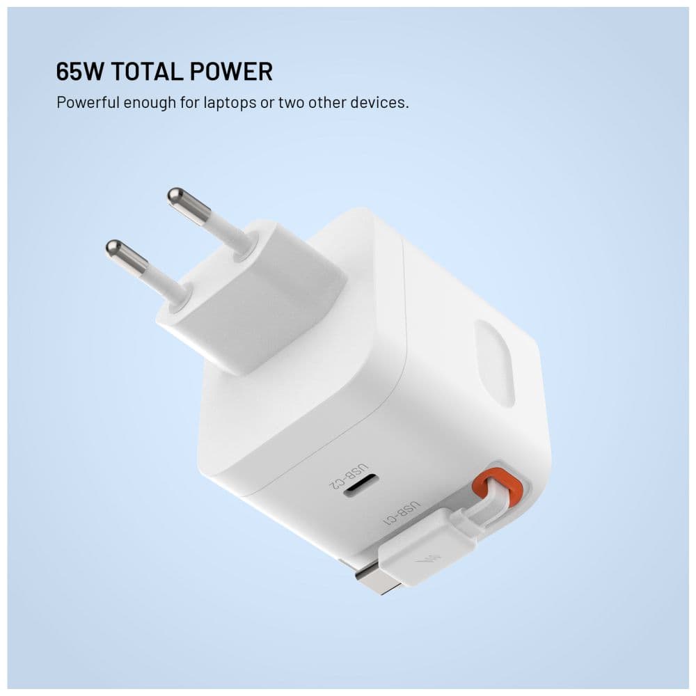 Síťová GaN nabíječka FIXED s 2xUSB-C, podpora PD 3.0, se samonavíjecím kabelem, 65W, bílá - náhled 3