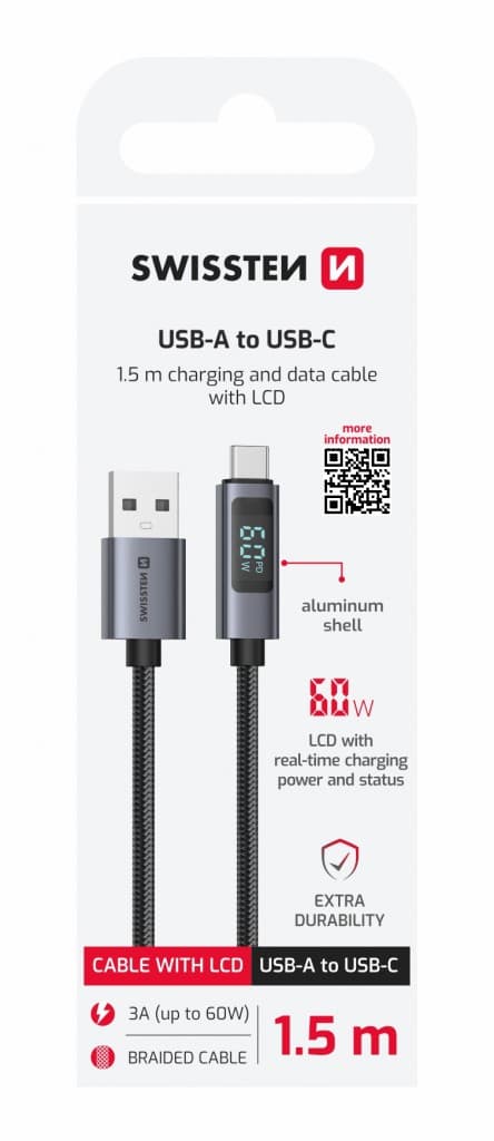 Datový kabel Swissten LCD USB-A - USB-C 1,5 m - náhled 2