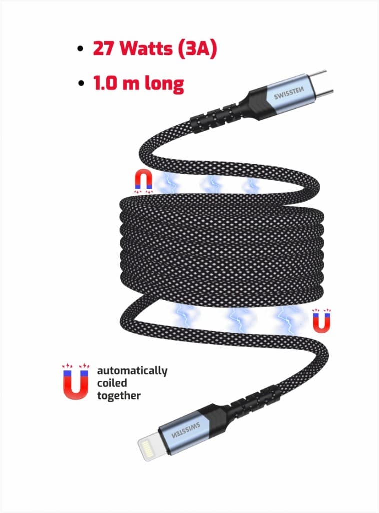 Magnetický datový kabel Swissten samonavíjecí USB-C - Lightning 1 m - náhled 3