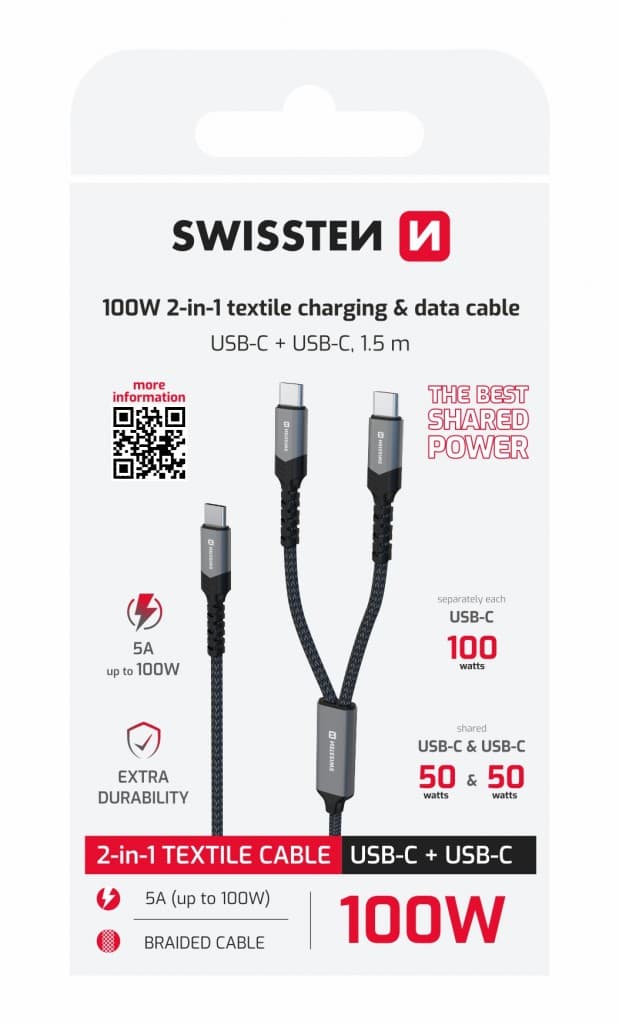 Nabíjecí kabel Swissten 2v1 100W USB-C - 2x USB-C 1,5 m černý - náhled 2