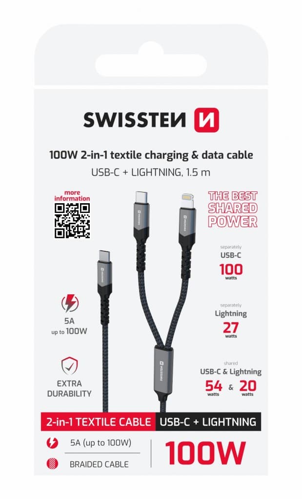 Nabíjecí kabel Swissten 2v1 USB-C - USB-C + Lightning 100W 1,5 m černý - náhled 2