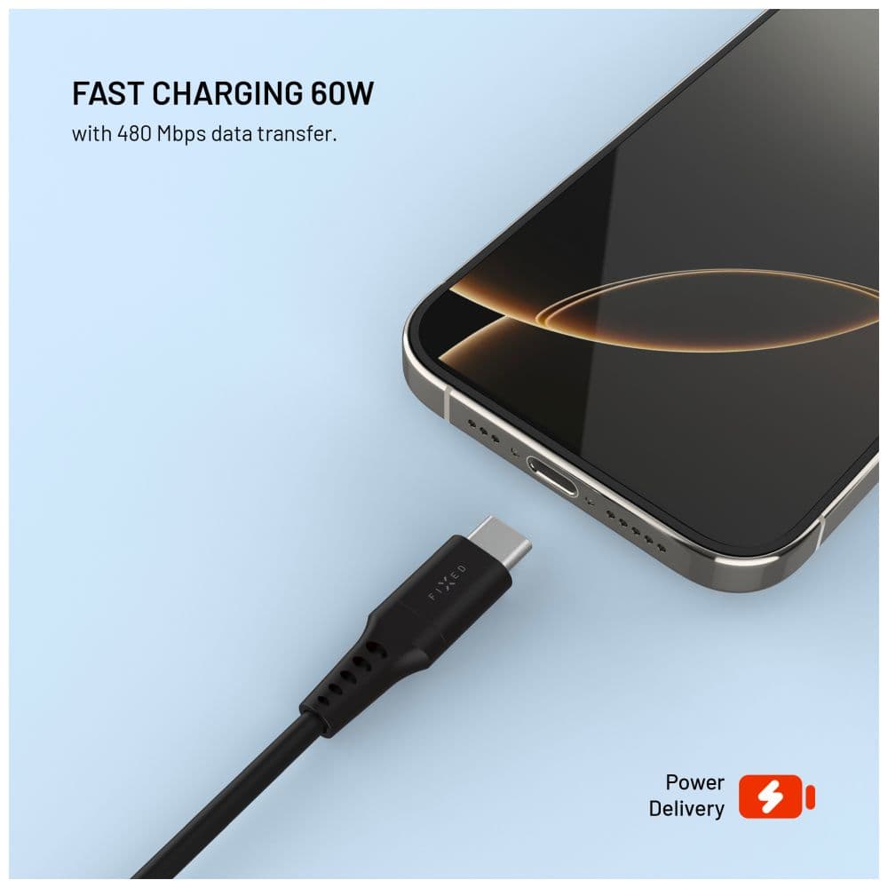 Krátký nabíjecí a datový Liquid silicone kabel FIXED s konektory USB/USB-C a podporou PD, 0.3m, USB 2.0, 60W, černý - náhled 3