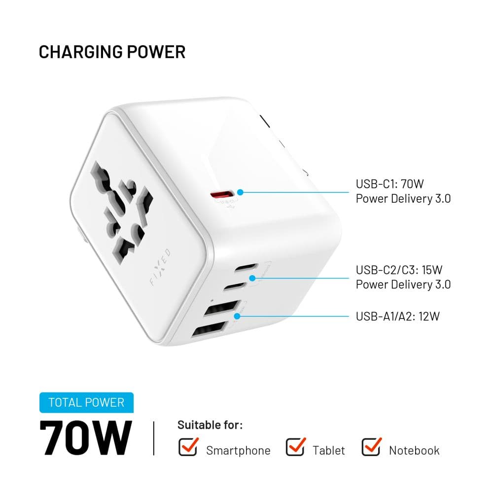 Cestovní adaptér FIXED Voyager 70W pro EU, UK a USA/AUS, s 3xUSB-C a 2xUSB výstupem, GaN, PD 70W, bílý - náhled 3