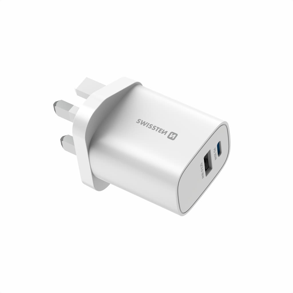 Adaptér Swissten Edge Gan 1x USB-C PD 35W + 1x USB-A 18W QC, pro uk zásuvku bílý - náhled 3