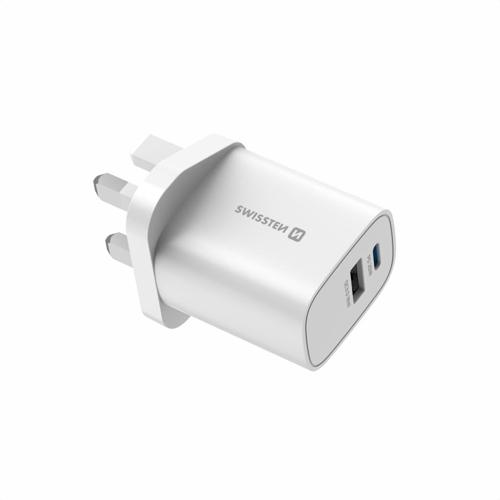 Adaptér Swissten Edge Gan 1x USB-C PD 20W + 1x USB-A 18W QC, pro uk zásuvku bílý - náhled 3