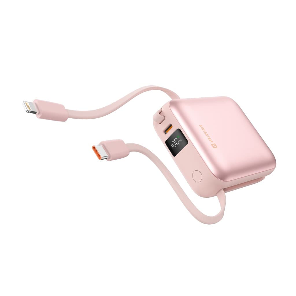 Powerbank Swissten Space 10000 mAh s integrovanými kabely usb-c a lightning růžová - náhled 3