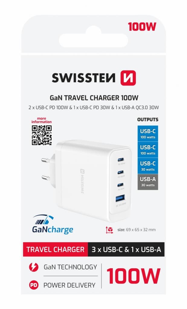 Adaptér Swissten Gan 2x USB-C PD 100W + 1x USB-C PD 20W + 1x USB-A QC 30W QC bílý - náhled 3
