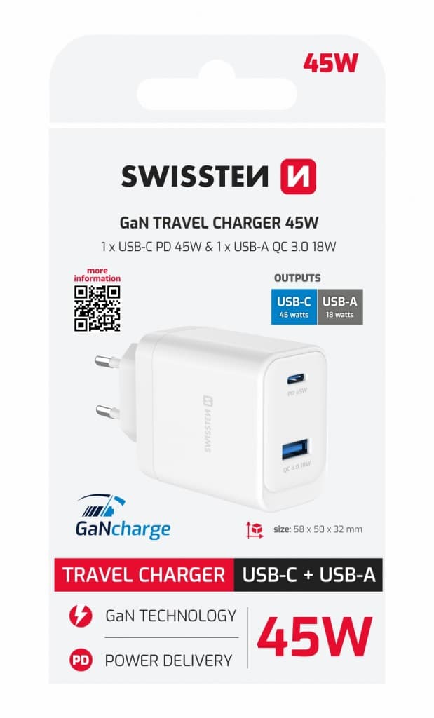 Adaptér Swissten Gan 1x USB-C 45W PD + 1x USB-A 18W QC bílý - náhled 3