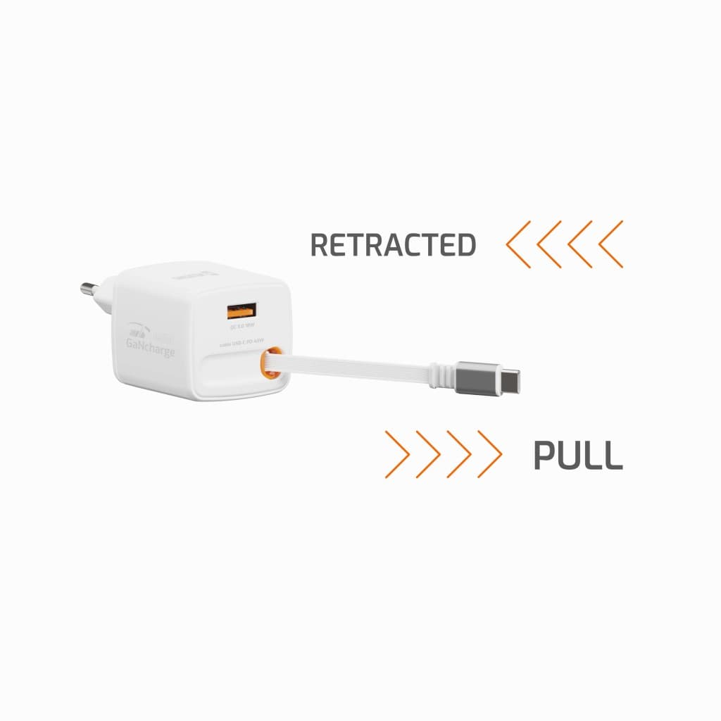Adaptér Swissten Slidecharge Gan 45W, 1x USB-A 18W se zatahovacím USB-C kabelem 0.75 m bílý - náhled 3