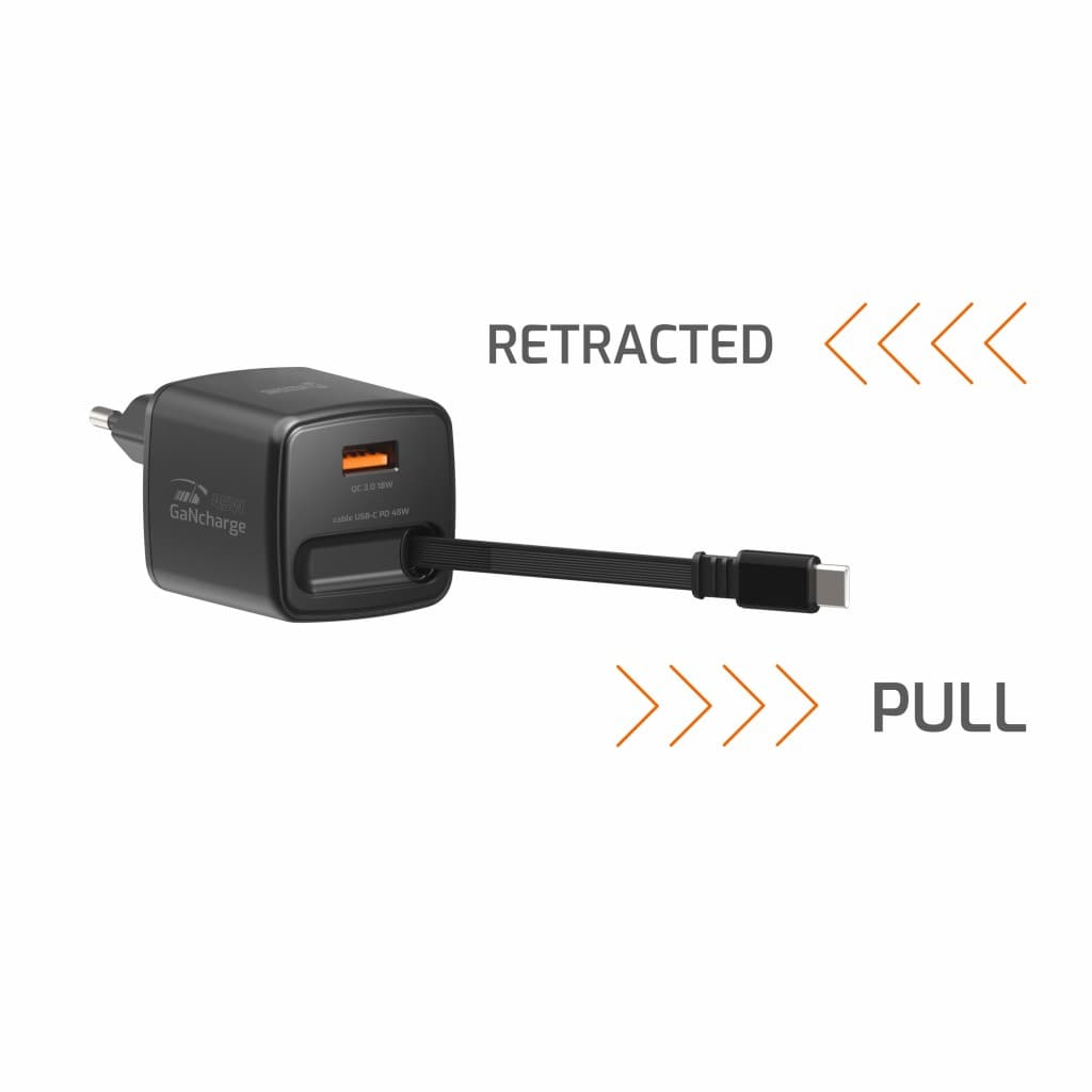 Adaptér Swissten Slidecharge Gan 45W, 1x USB-A 18W se zatahovacím usb-c kabelem 0.75 m černý - náhled 3