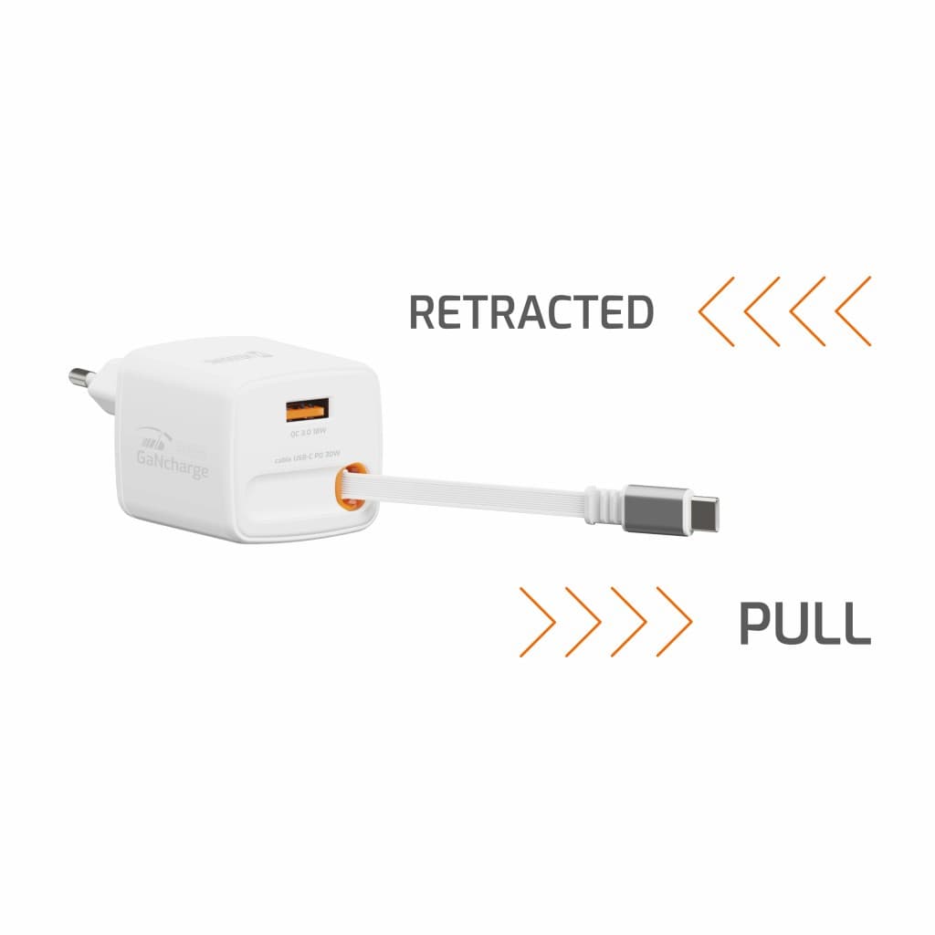 Adaptér Swissten Slidecharge Gan 30W, 1x USB-A 18W se zatahovacím USB-C kabelem 0.75 m bílý - náhled 3